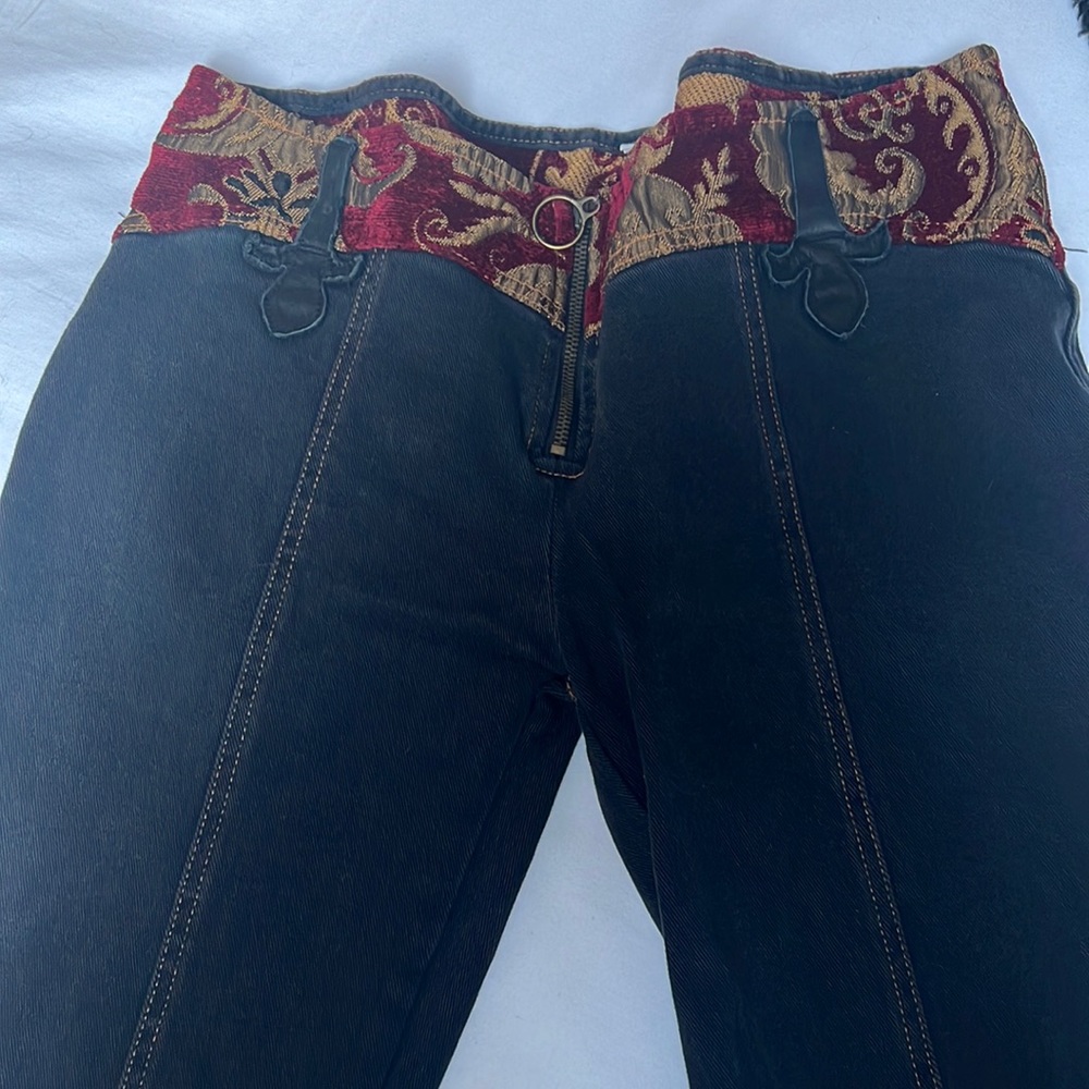 Vintage 90s Low Rise Brocade and leather trim Jeans
